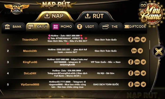 Các hình thức hỗ trợ nạp tiền Kingfun